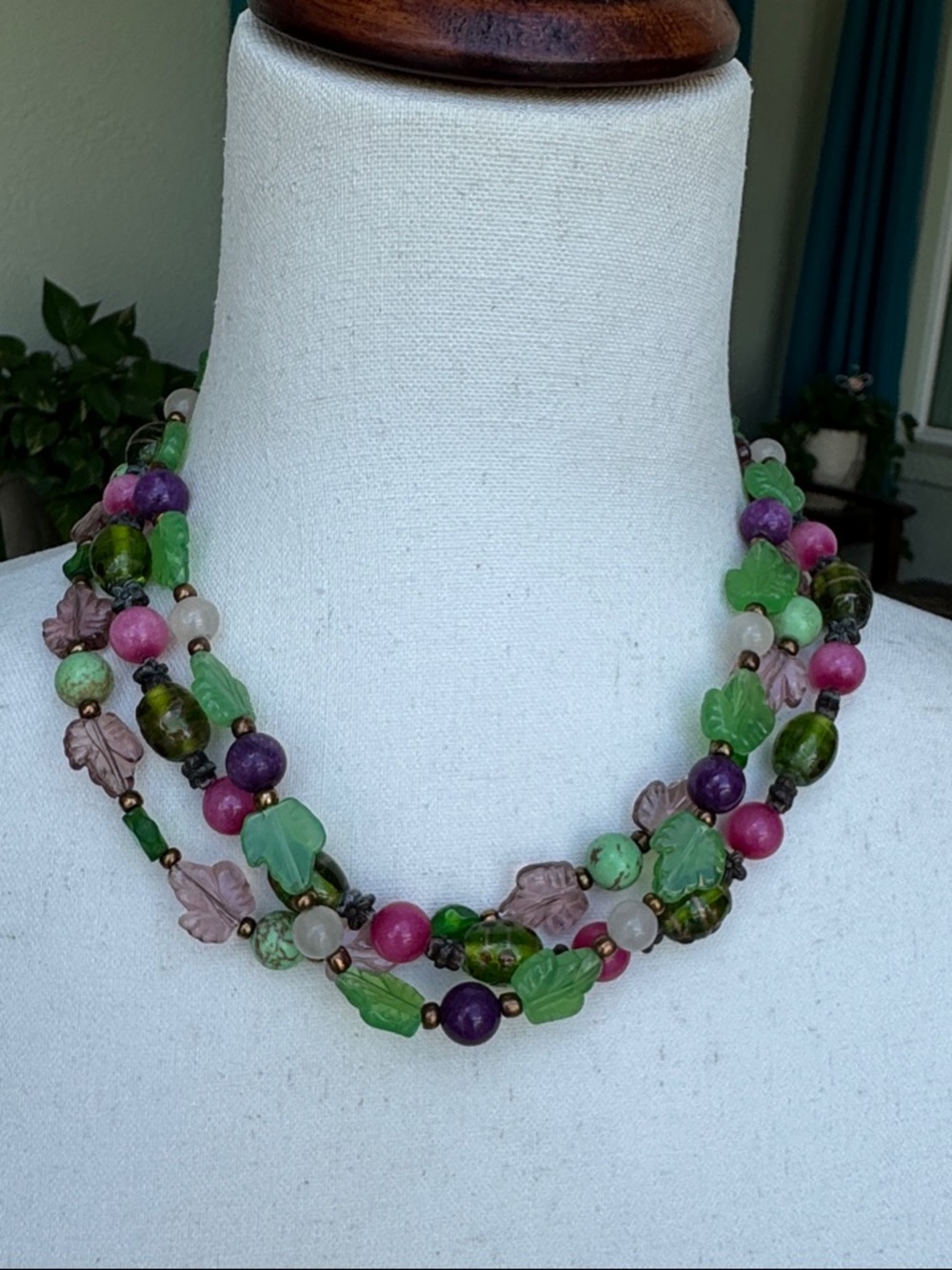 Vintage Multi-Color glass Beaded Leaf Statement Necklace